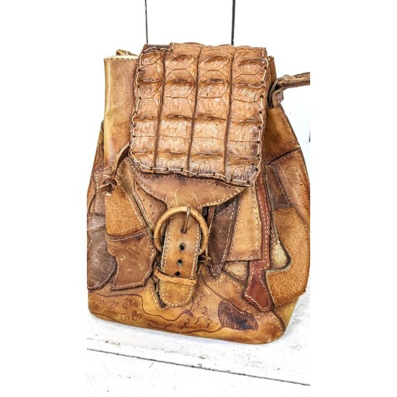 70’s vintage brown tooled patchwork leather drawstring bucket bag shoulder purse - Picture 4 of 10
